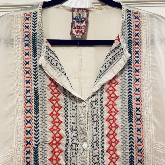 JOHNNY WAS Cream/Off White Embroidered Melvin Button Down Blouse Sz M - Picture 6 of 11